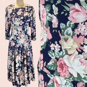 VINTAGE 80s floral cabbage rose dress dolman long sleeve drop yoke waist